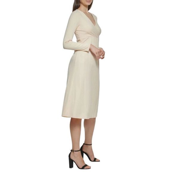 Kensie Dress Women's Cream V-Neck Long-Sleeve A-Line Midi Dress Size XS NWT - Picture 2 of 12
